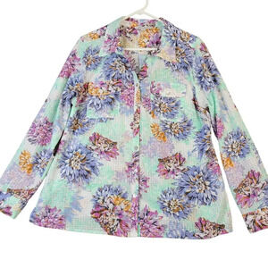 Vintage Y2K Floral Top Women's Large Button Blouse Fairy Cottagecore Semi Sheer